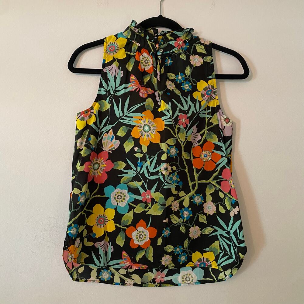 J. Crew Liberty Fabric Black Colorful Floral Butterfly Sleeveless Top Cotton 00